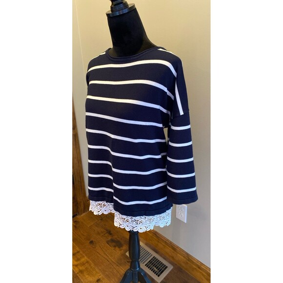 Christopher & Banks Sweater Top Plus Size XL Navy White Stripes Lace Hem Zipper - Picture 4 of 11
